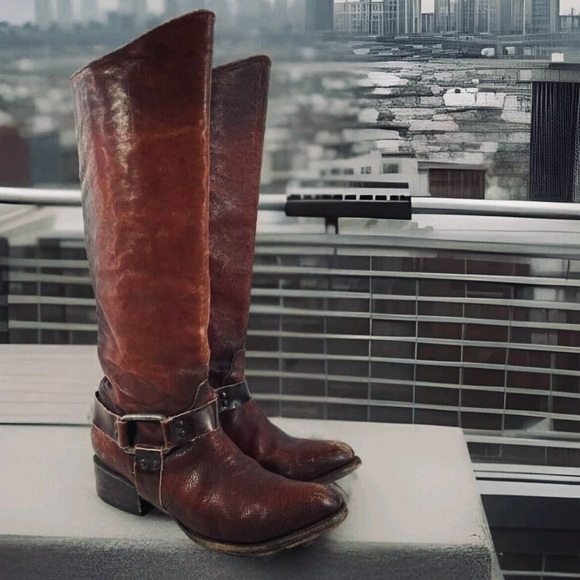 FREEBIRD BY STEVEN Philly Distressed Harness Tall Leather Boots Brown Rust 8 - Picture 1 of 16
